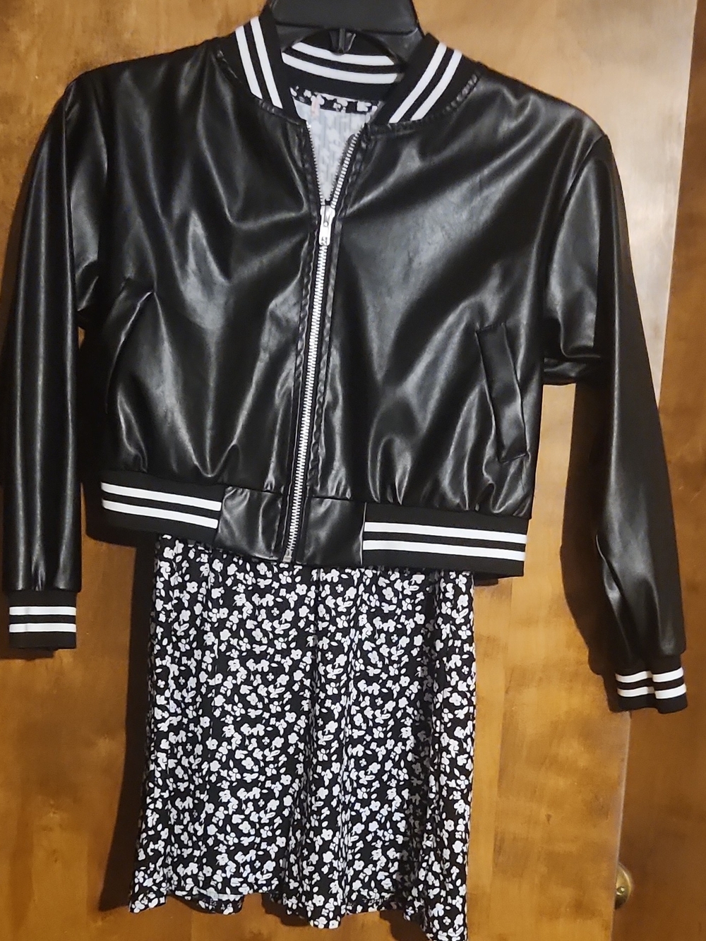 Girls' Black Faux Leather Jacket with Striped Ribbed Trim And Black/ White Dress